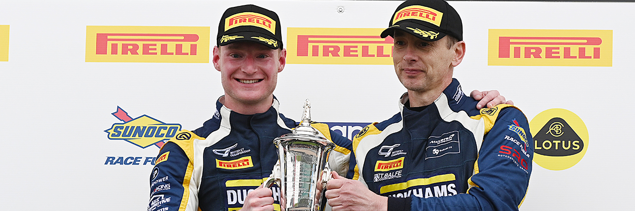 Adam Smalley and Shaun Balfe atop the Silverstone 500 British GT podium