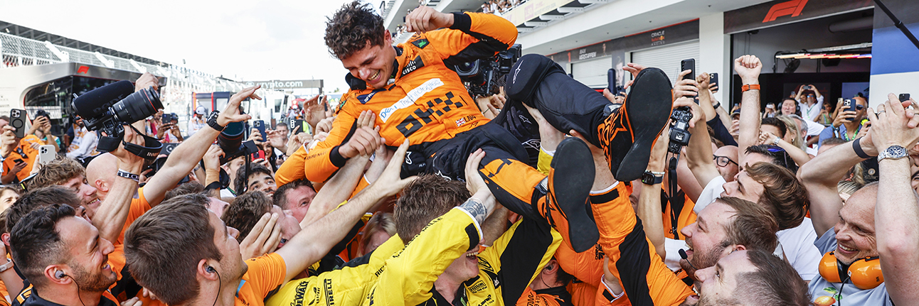 Lando Norris with the McLaren F1 Team after winning the Miami Grand Prix