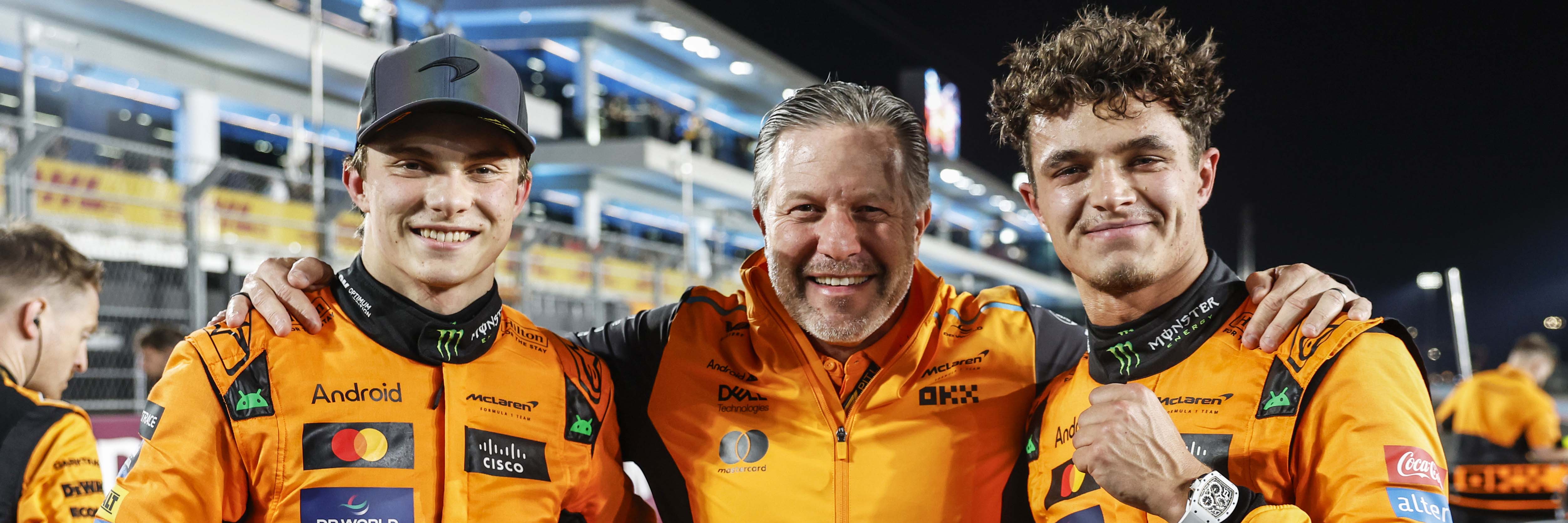 The McLaren F1 Team, Oscar Piastri, Zak Brown, Lando Norris having won the 2025 Constructors' title