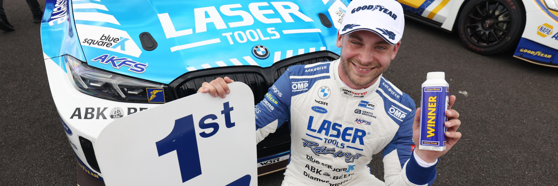 Jake Hill after winning the 2024 BTCC race at Thruxton