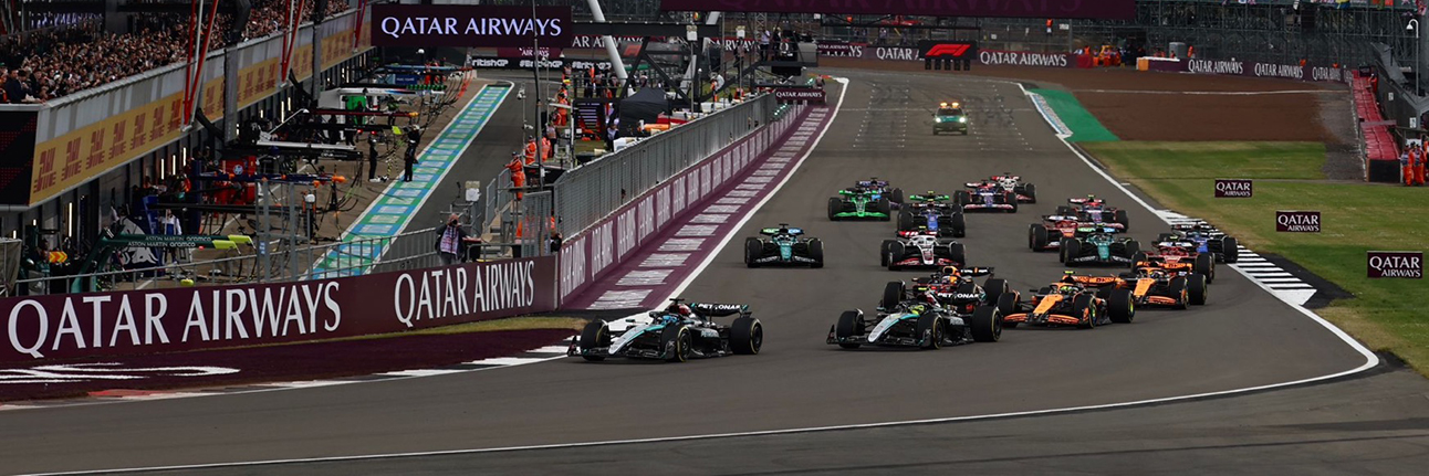 George Russell and Lewis Hamilton side by side at the start of the British Grand Prix