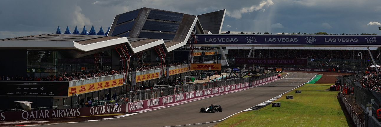 George Russell in his Mercedes F1 car after qualifying on pole for the 2024 British Grand Prix