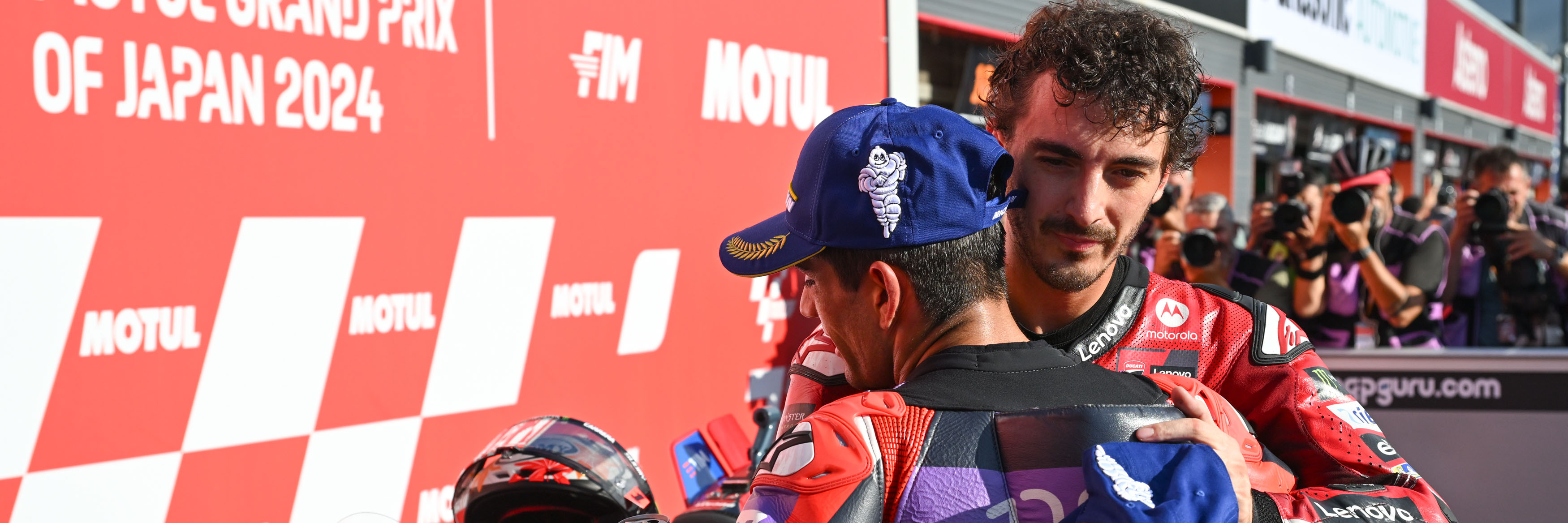 Francesco Bagnaia and Jorge Martin congratulate each other after the Grand Prix of Japan