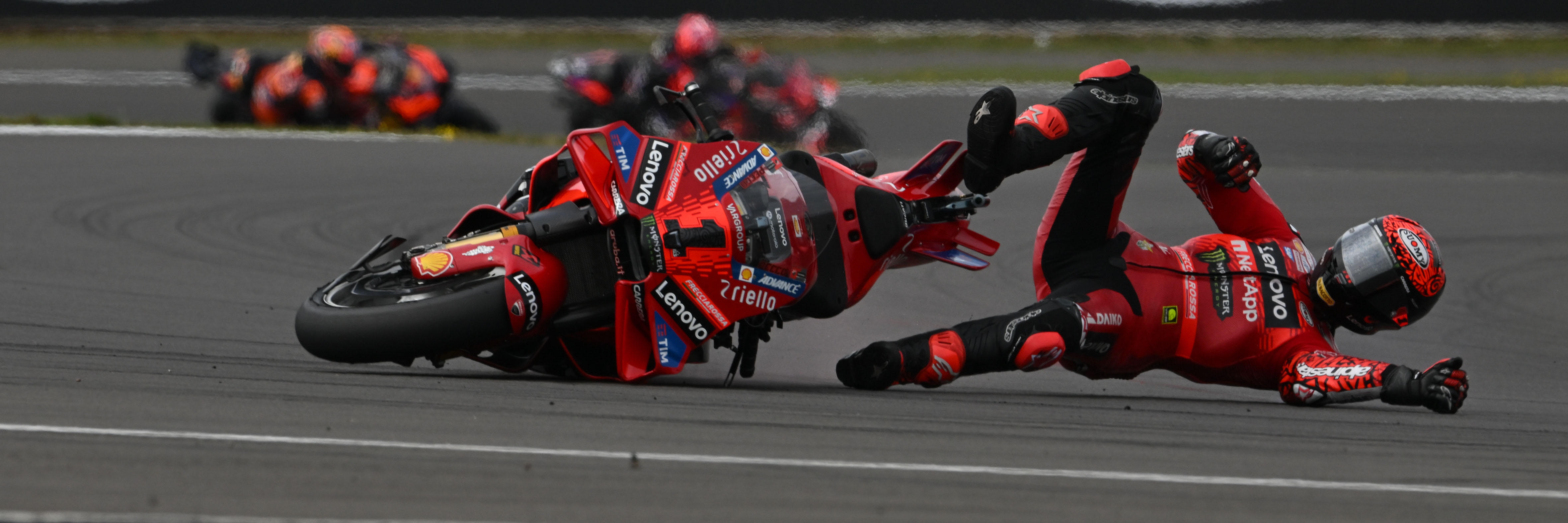 Francesco Bagnaia falls off at The Loop during the British Grand Prix MotoGP Sprint Race