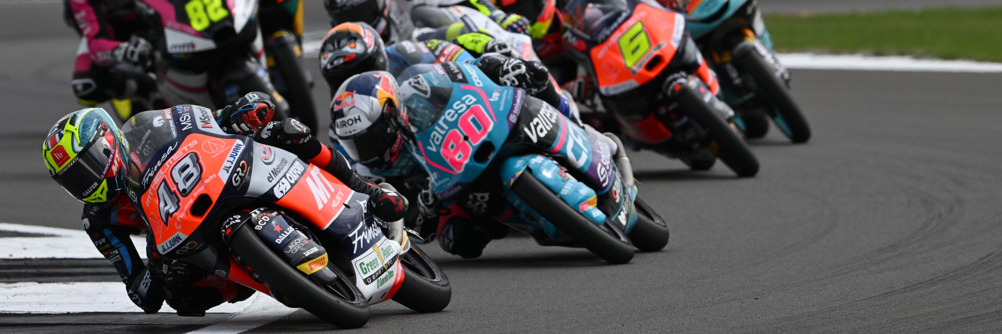 The Moto3 field battling for victory at Silverstone