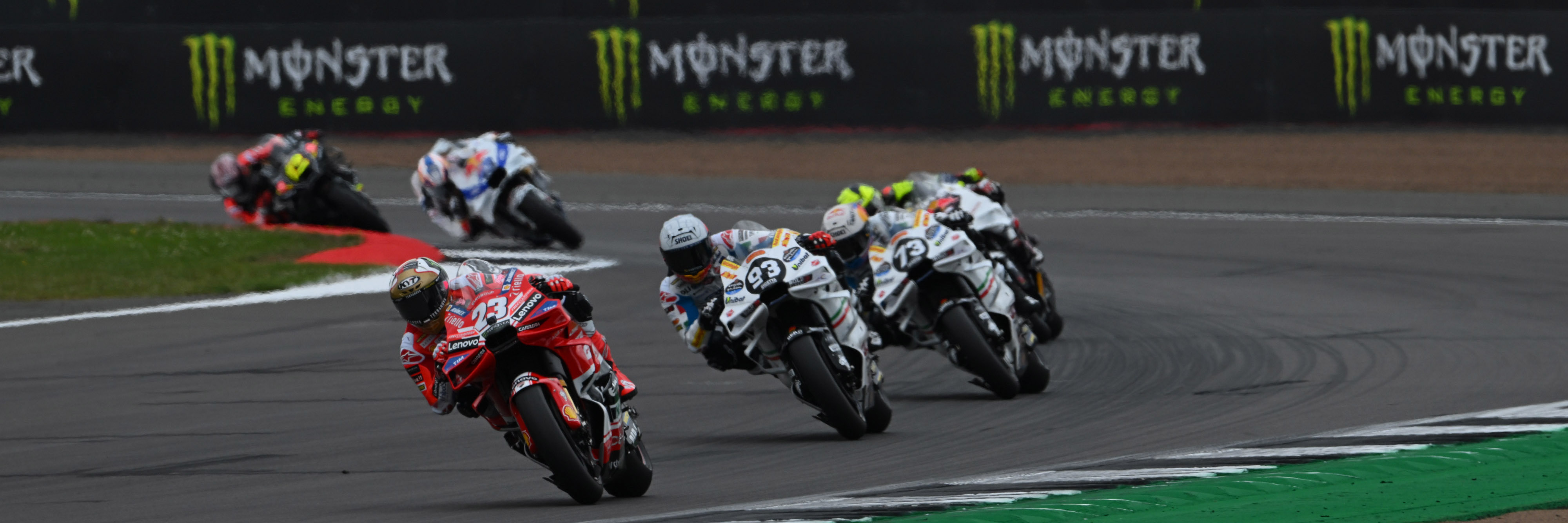 The leading group at the 2024 MotoGP British Grand Prix