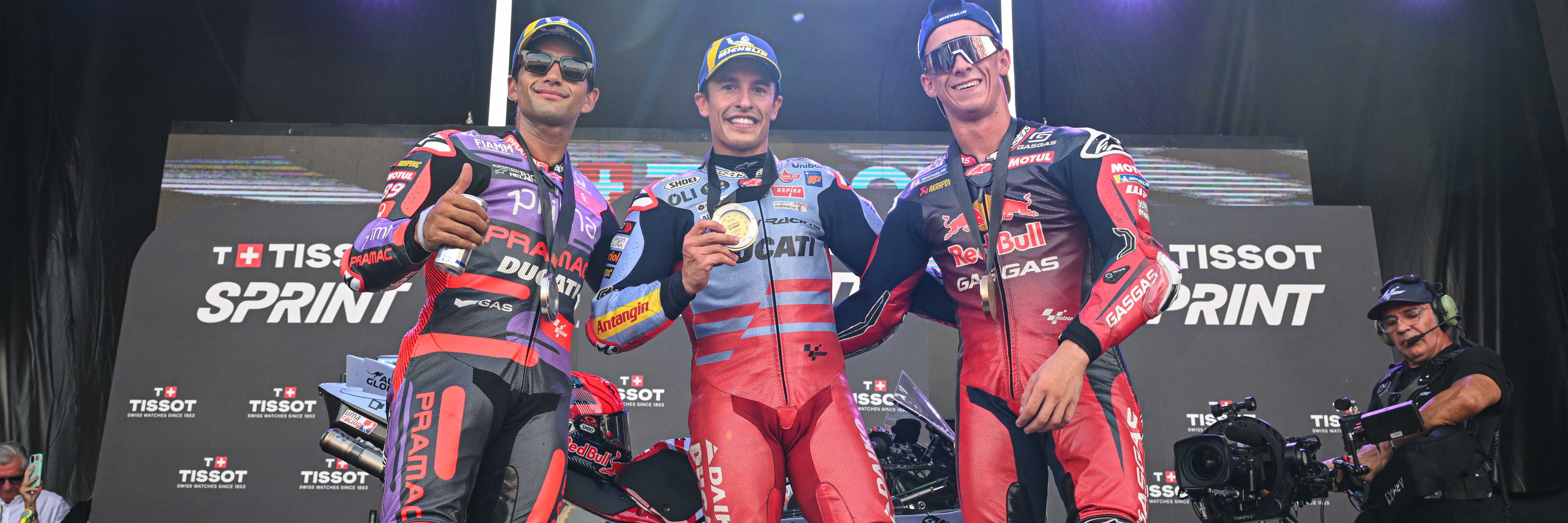 Jorge Martin, Marc Marquez and Pedro Acosta on the podium for Tissot Sprint