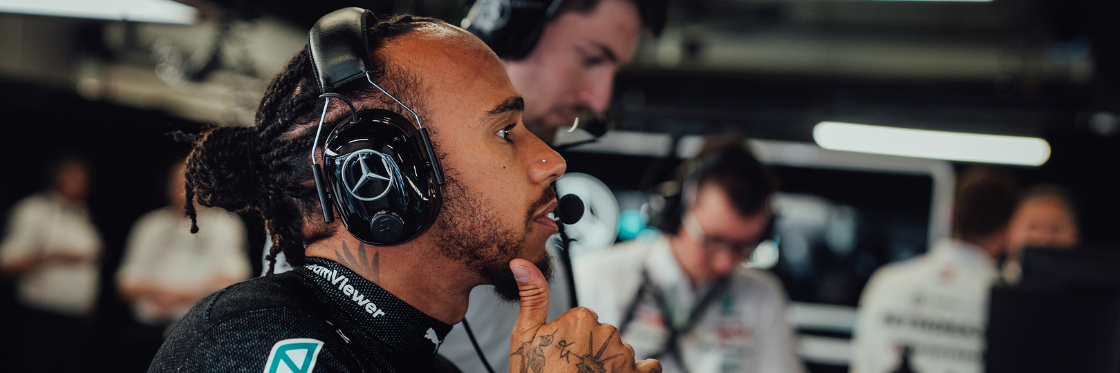 Hamilton in the Mercedes F1 garage