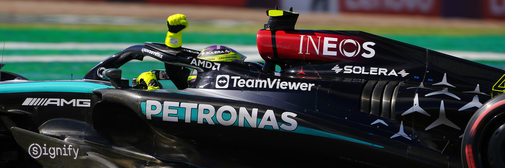 Lewis Hamilton celebrates winning a ninth British Grand prix at Silverstone