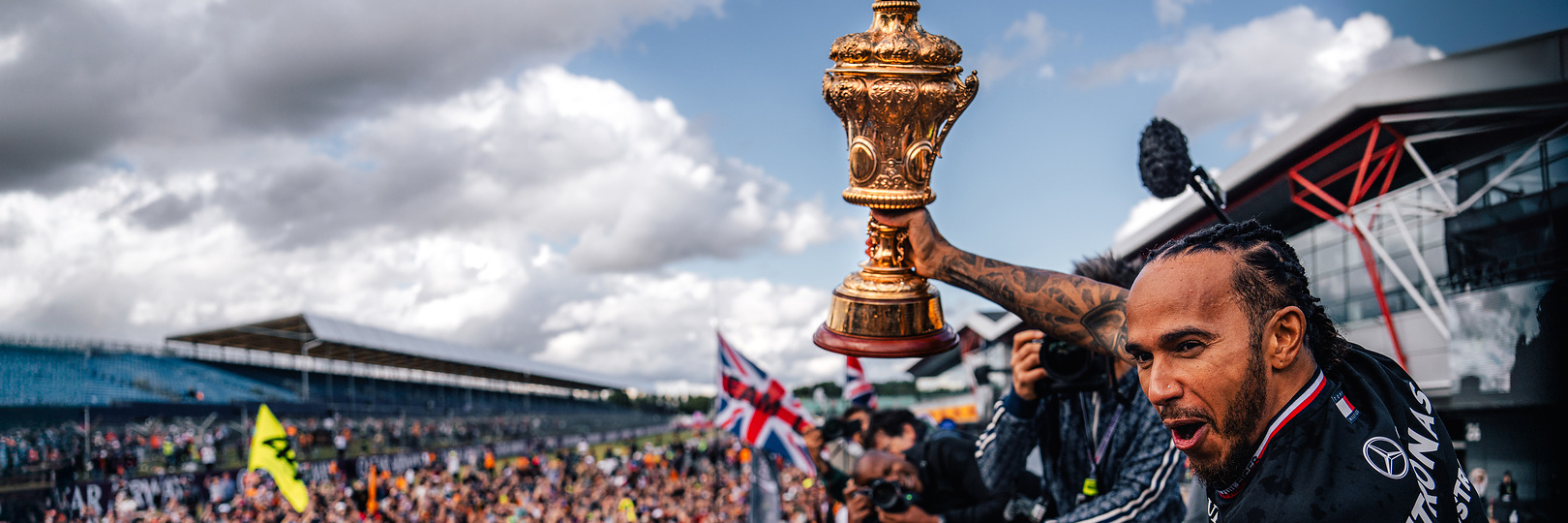 Lewis Hamilton celebrates winning a ninth British Grand Prix