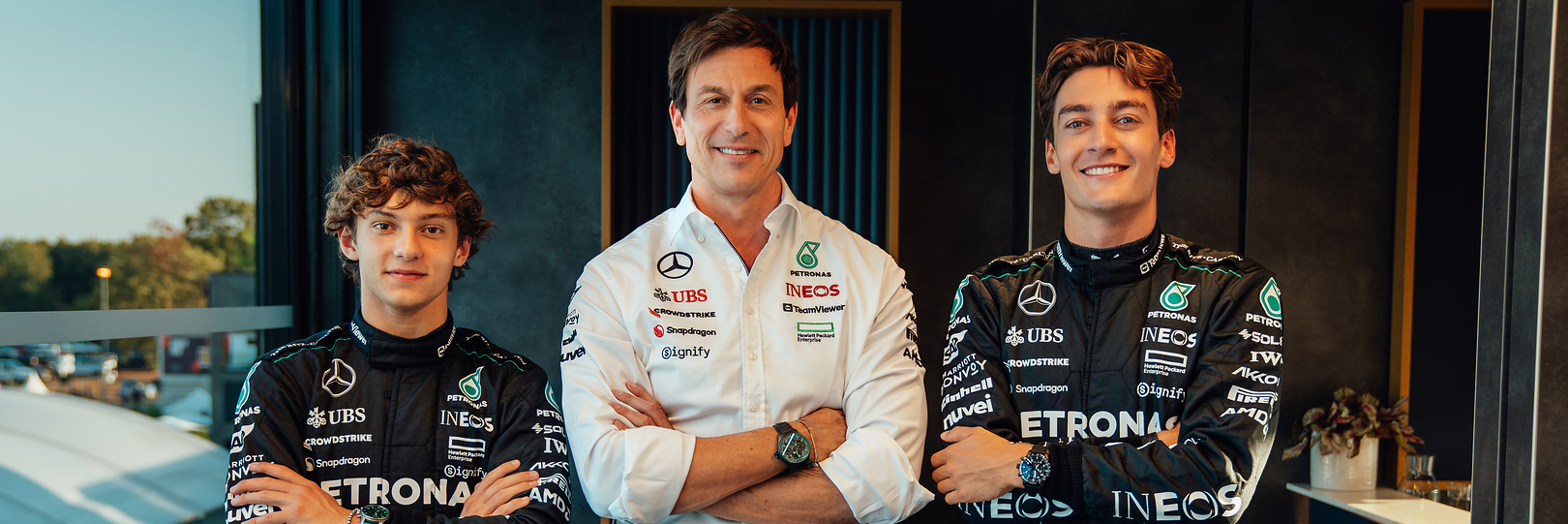 Toto Wolff, George Russell and Kimi Antonelli