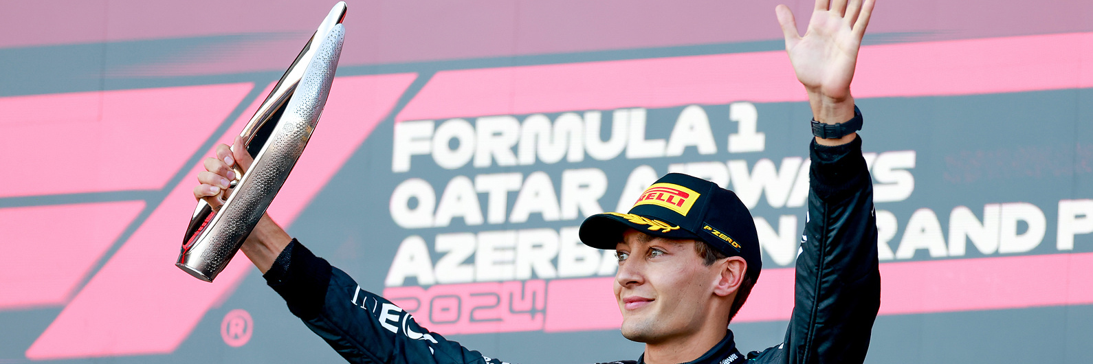 George Russell on the podium of the Azerbaijan Grand Prix