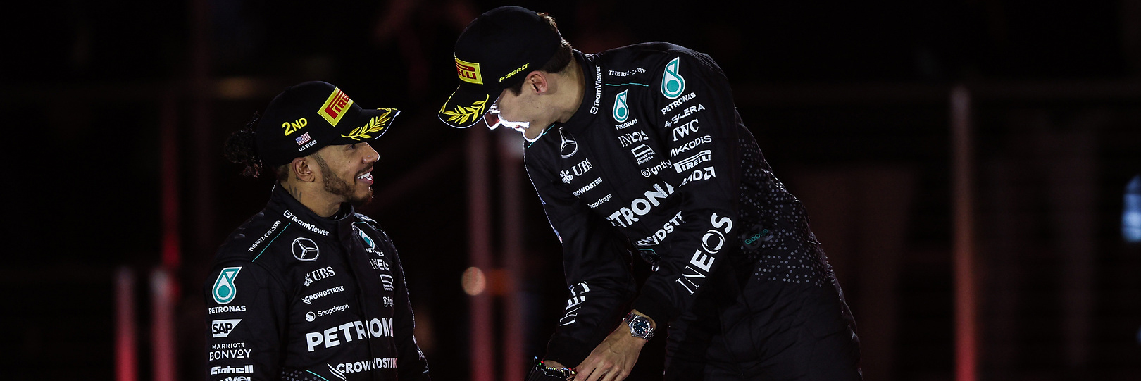 Lewis Hamilton congratulates Georg Russell on the Las Vegas podium