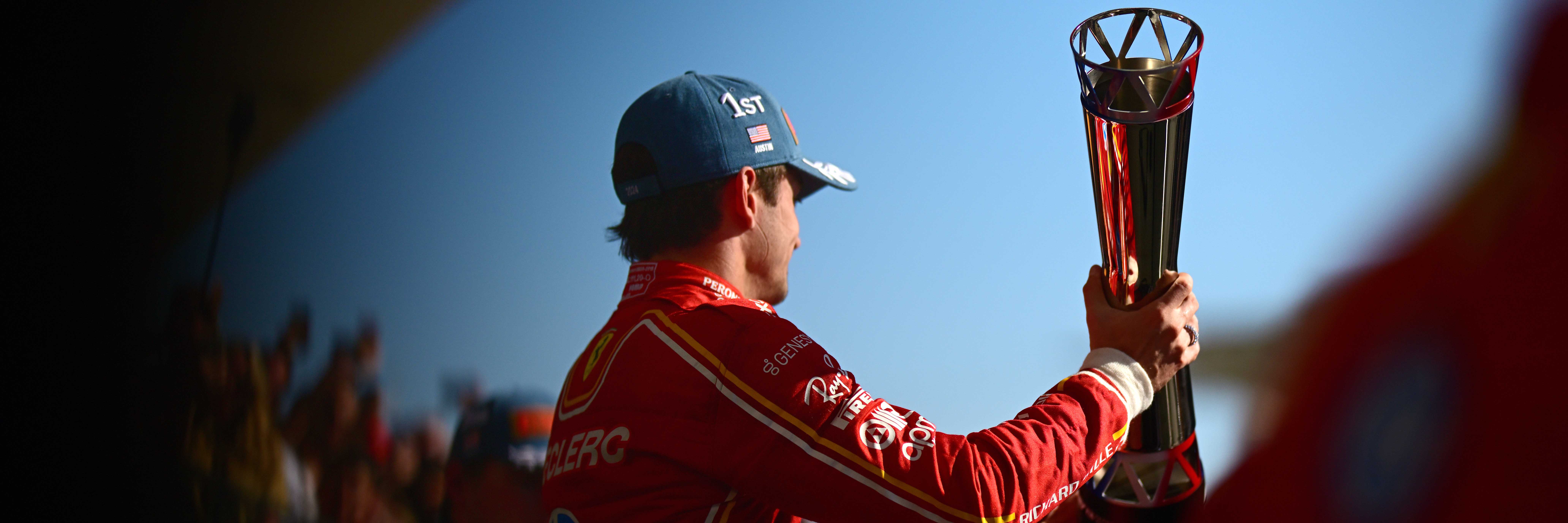 Charles Leclerc celebrates winning the 2024 American Grand Prix