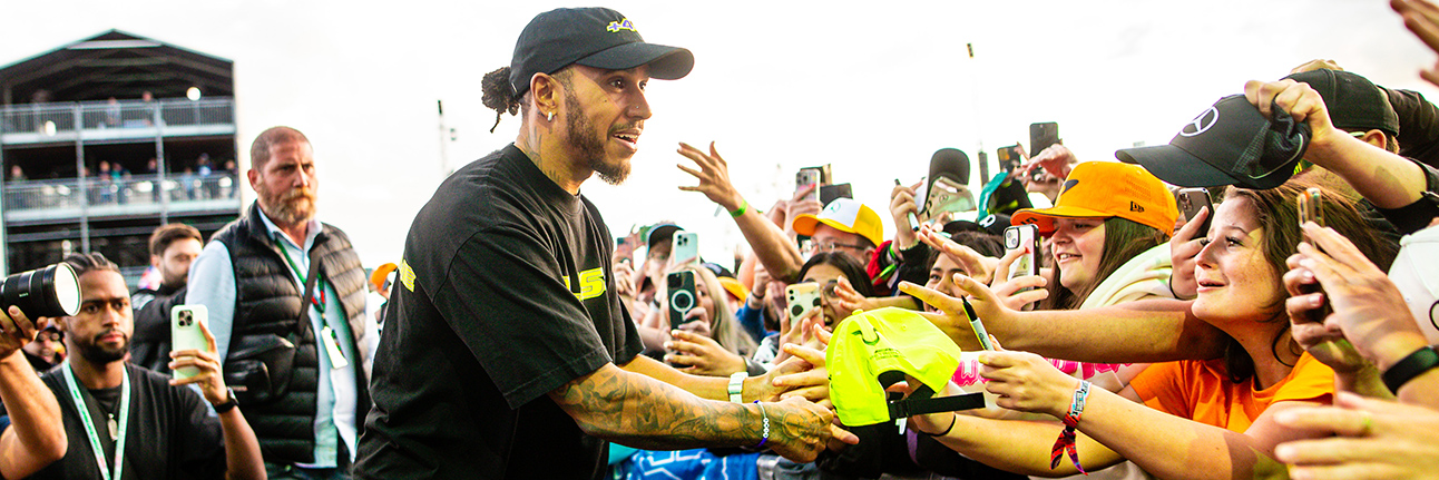 Lewis Hamilton with F1 fans at the British Grand Prix