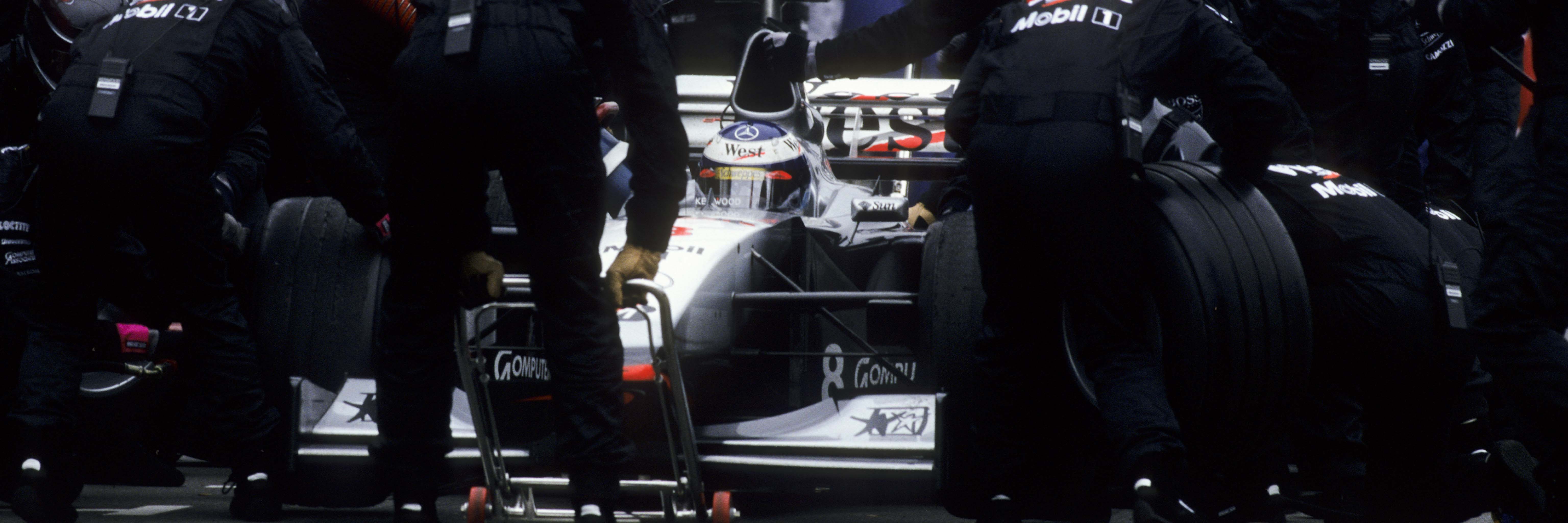 Mika Hakkinen during a pitstop in the 1998 F1 season