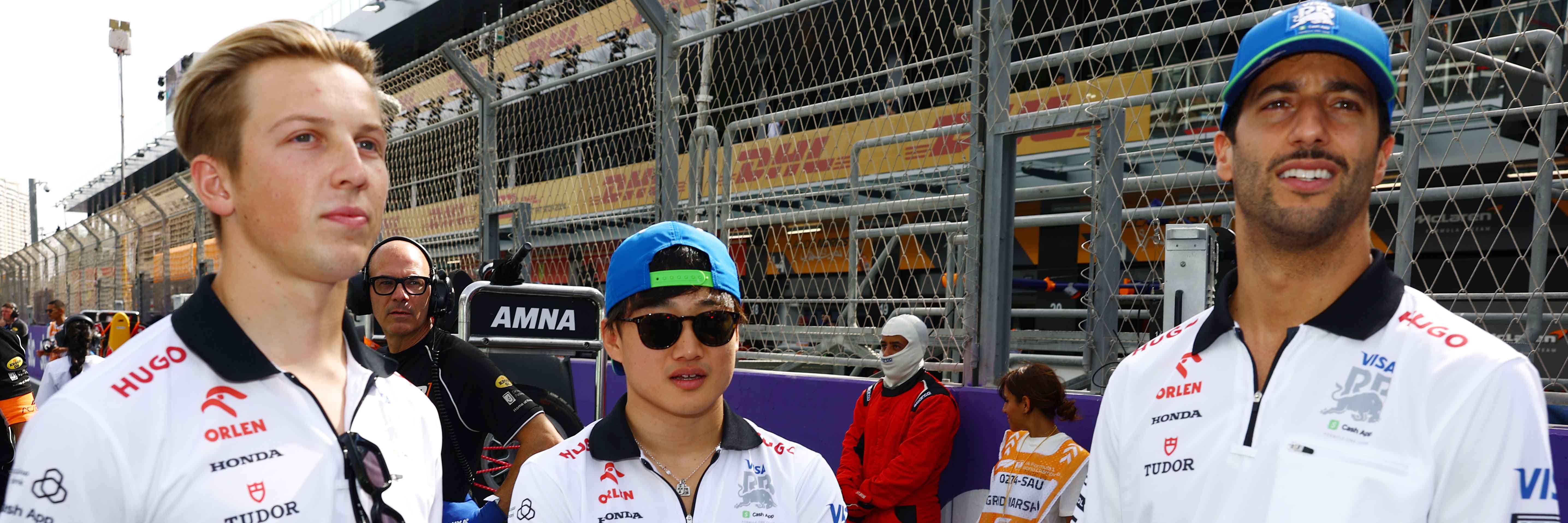 Liam Lawson, Yuki Tsunoda and Daniel Ricciardo on the grid at the Saudi Arabian Grand Prix