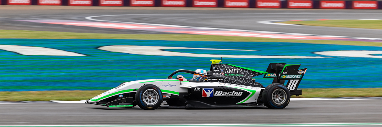 Max Esterton cornering at Silverstone in F2 qualifying