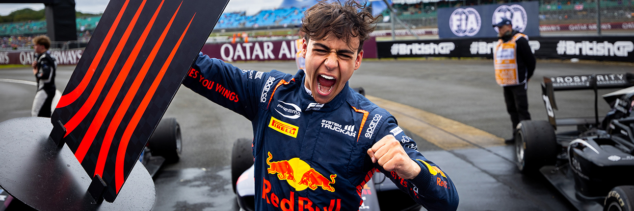 Arvid Lindblad celebrates winning the 2024 F3 Feature Race at Silverstone