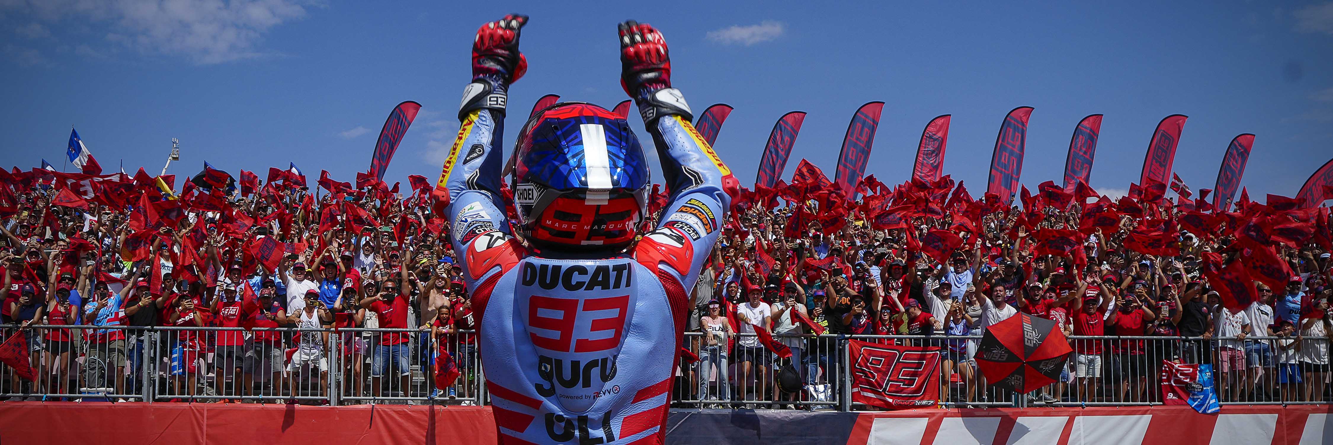 Marc Marquez celebrates winning the MotoGP race at Aragon in 2024