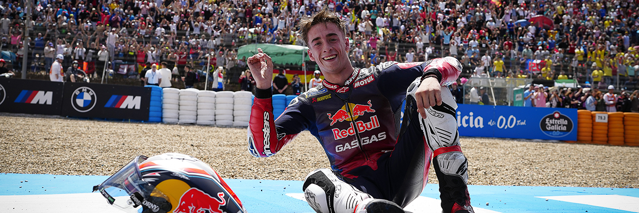 Pedro Acosta celebrates his podium finish in front of the Jerez crowd