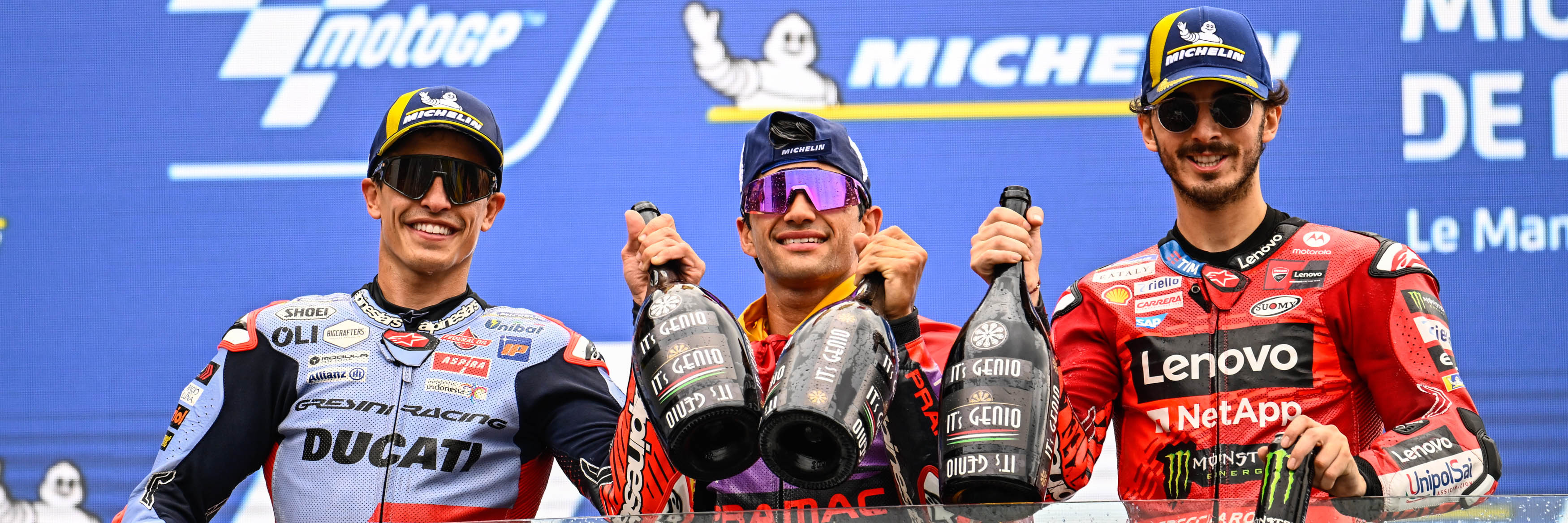 Marquez, Martin and Bagnaia on the MotoGP podium at Le Mans