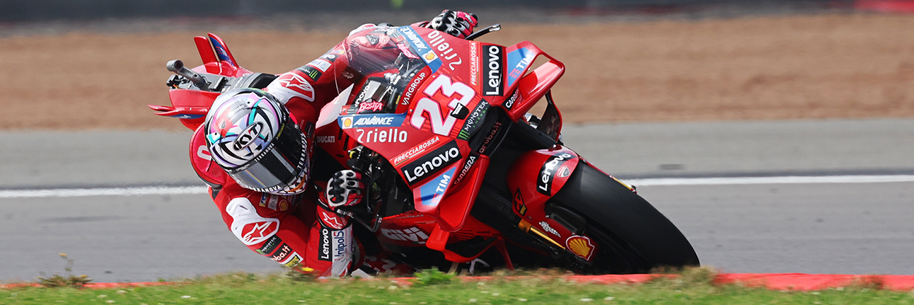 Enea Bastianini on track during practice for the 2024 MotoGP British Grand Prix at Silverstone