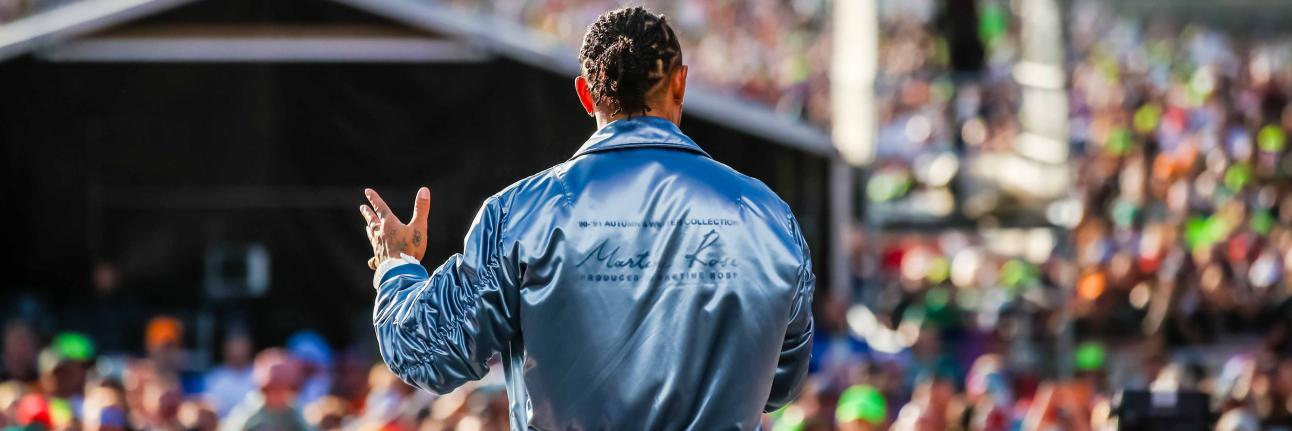 Lewis Hamilton on stage at the British Grand Prix