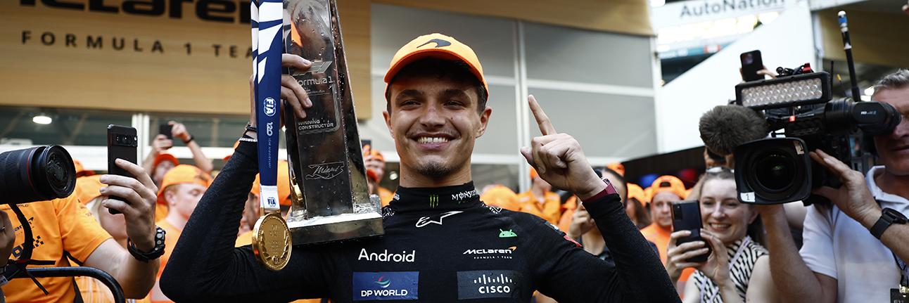 Lando Norris with his Miami Grand Prix winners trophy