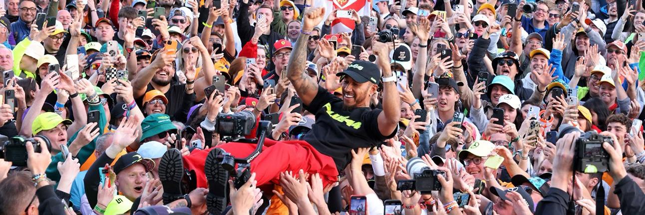 Lewis Hamilton celebrates his ninth British Grand Prix victory with the Silverstone fans