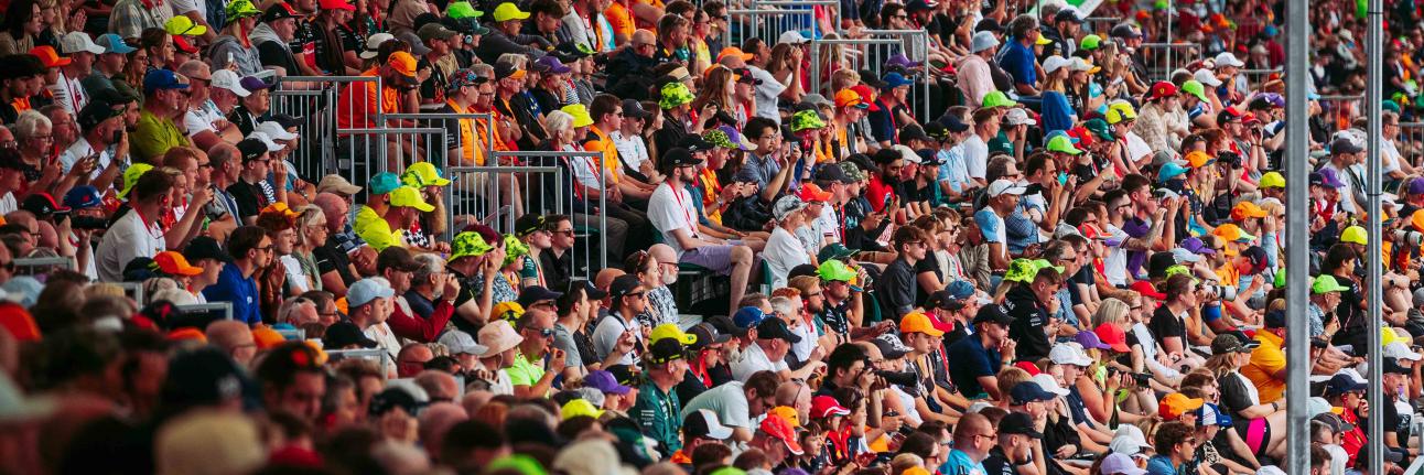 F1 fans in the grandstands at the British Grand Prix