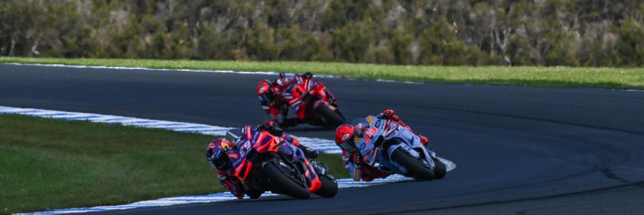 Jorge Martin, Marc Marquez and Francesco Bagnaia racing for the win at Philip Island