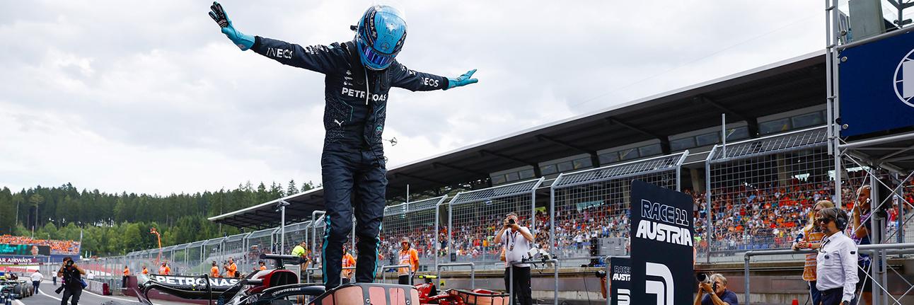 George Russell celebrates winning the 2024 Austrian Grand Prix