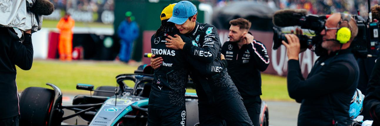 George Russell and Lewis Hamilton at the 2024 British Grand Prix