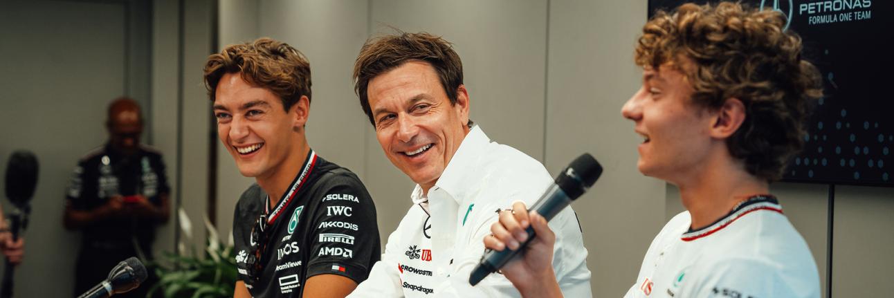 Toto Wolff with George Russell and Kimi Antonelli in Drive to Survive Season 7