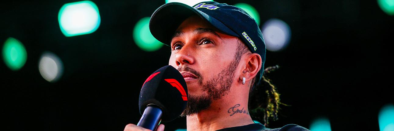 Lewis Hamilton on the main stage at the 2024 British Grand Prix