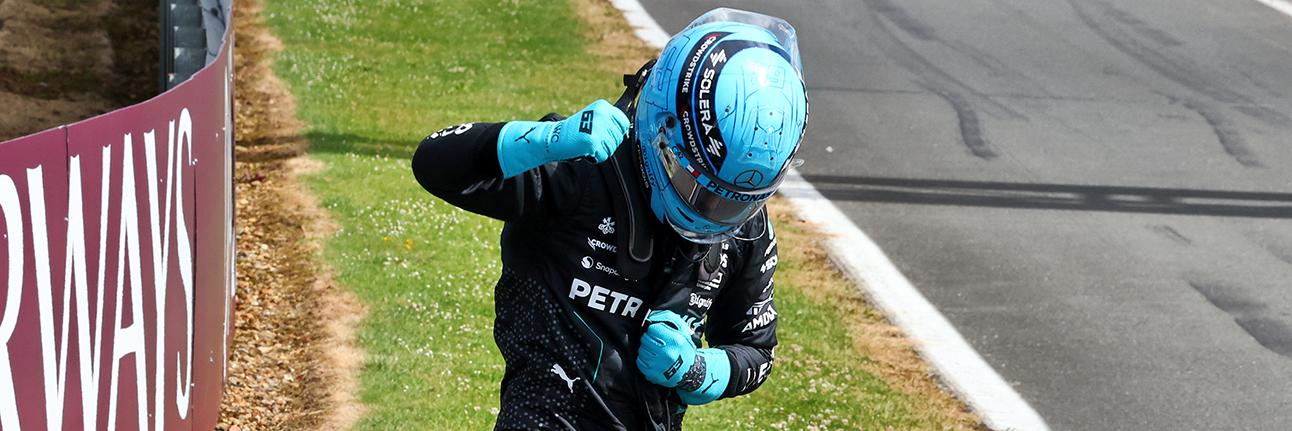 George Russell celebrates taking pole position for the 2024 British Grand Prix