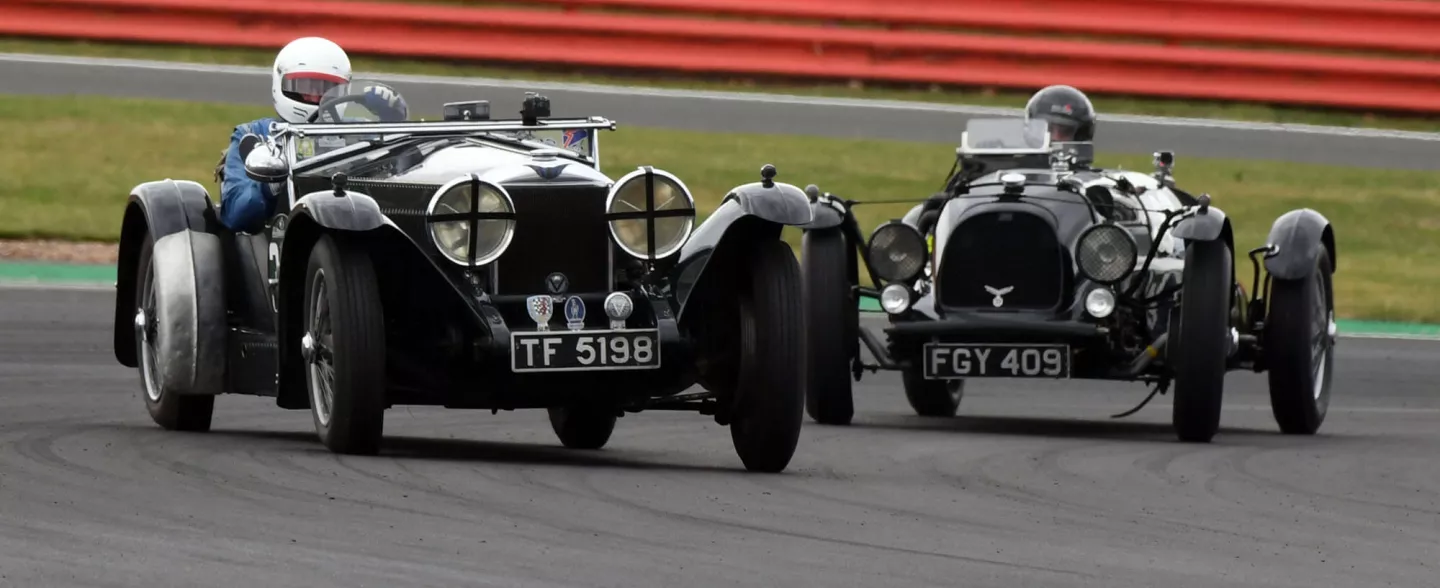 Two pre-war sports cars competing in the Pre War grid at The Classic at Silverstone